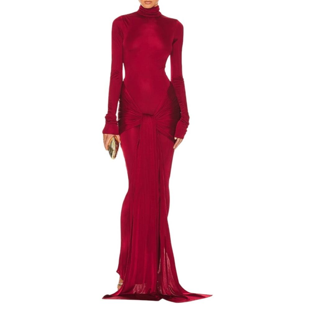 Helsa Slinky Jersey Sarong Maxi Dress in Samba Red, Size L